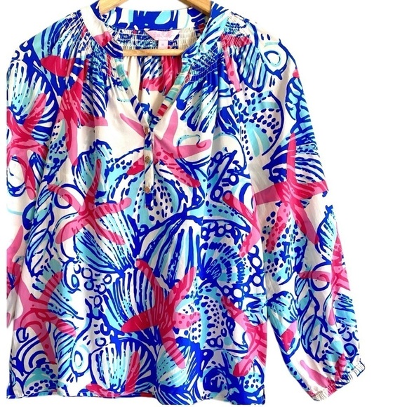LILLY PULITZER 100% Silk Preppy Vibrant Colorful Lightweight Seashell Blouse XS - Picture 4 of 10